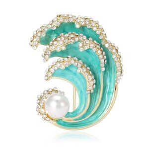 Turquoise Wave Pearl Gold Brooch